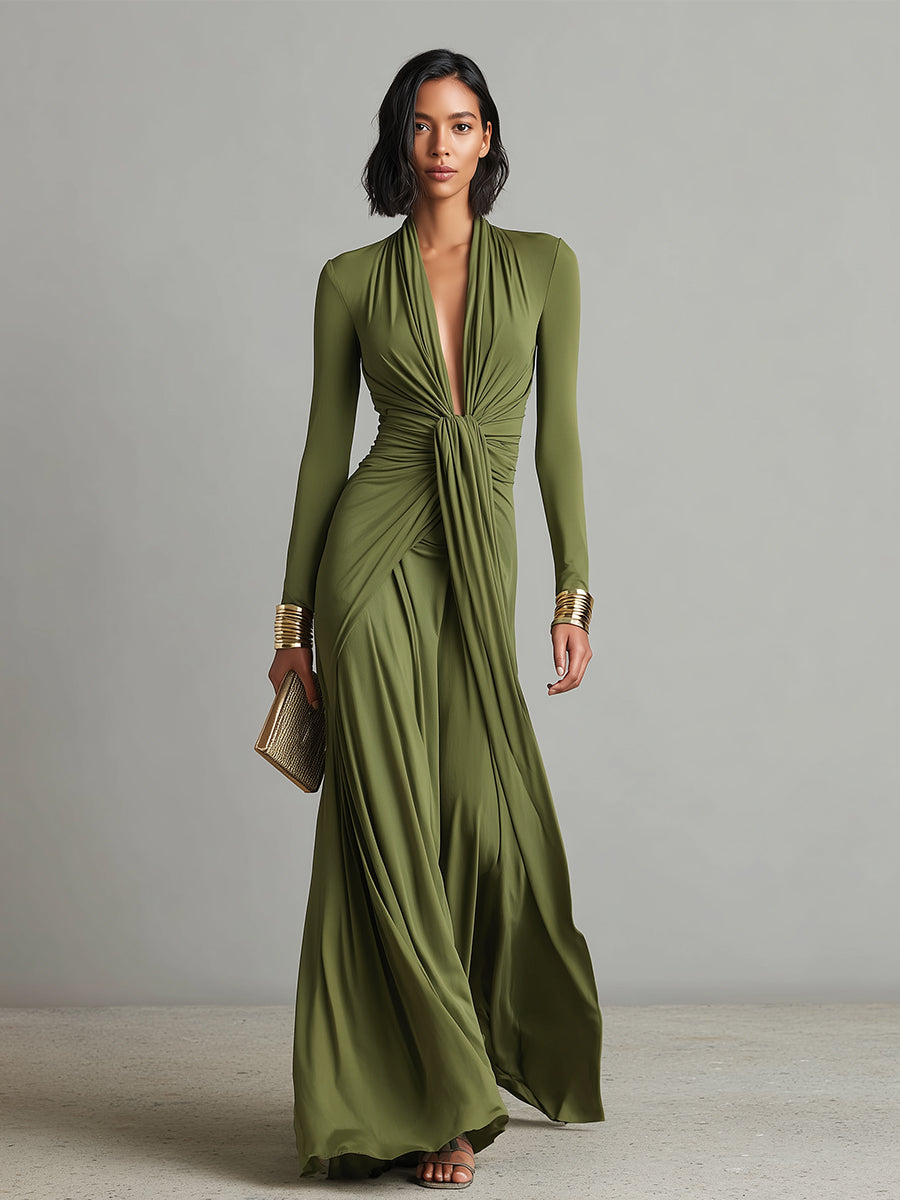 Olivgrünes Maxi-Kleid mit V-Ausschnitt