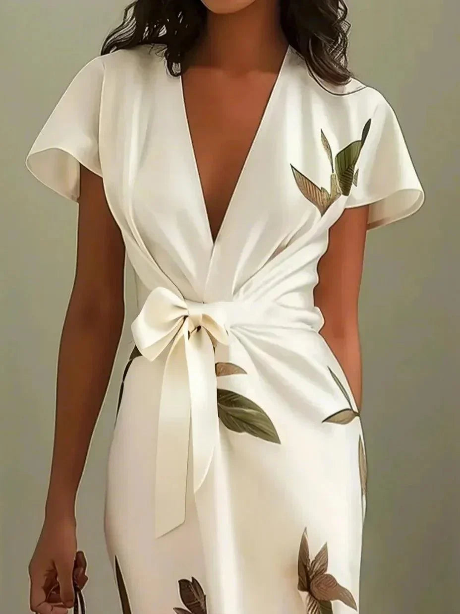 Judy | Weißes Satin Midi Kleid mit Kurzarm und Blattmuster