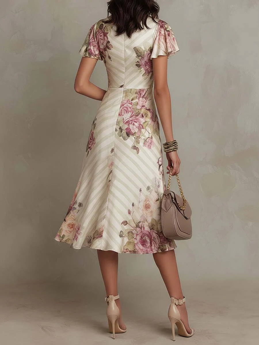 Margaret | Retro Floral Satin Midi Dress