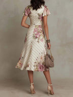 Margaret | Retro Floral Satin Midi Dress