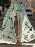 Julie | Hellgrünes Floral Chiffon Maxikleid mit Ein-Schulter-Design