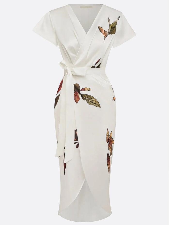 Judy | Weißes Satin Midi Kleid mit Kurzarm und Blattmuster
