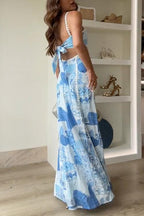 Eleonore | Bedrucktes Maxi-Kleid mit Ric Rac Trägern und Schleife am Rücken
