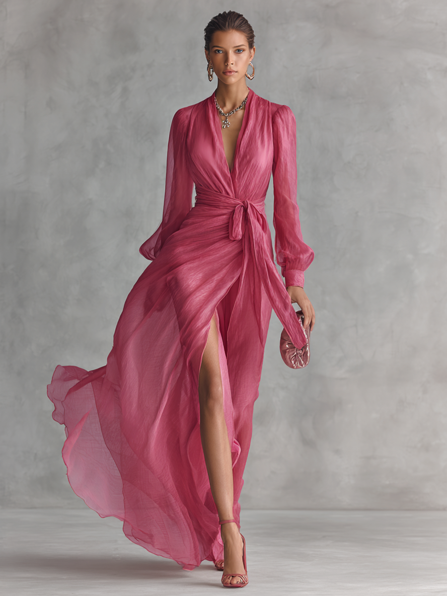 Rosa V-Ausschnitt Chiffonkleid