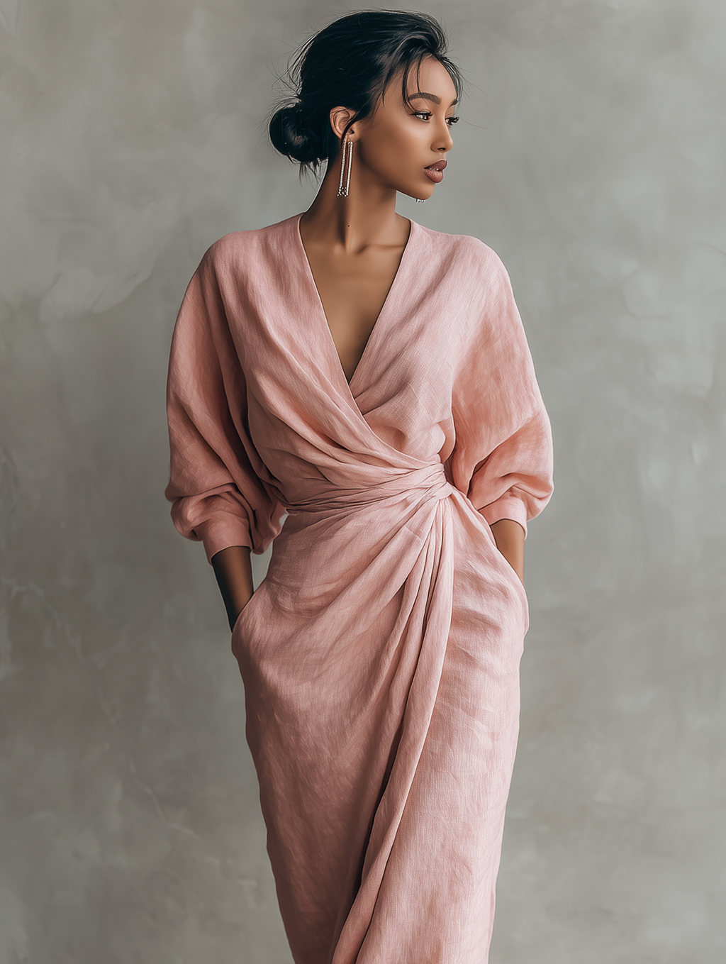 Rosa V-Hals Maxi Kleid aus Leinen