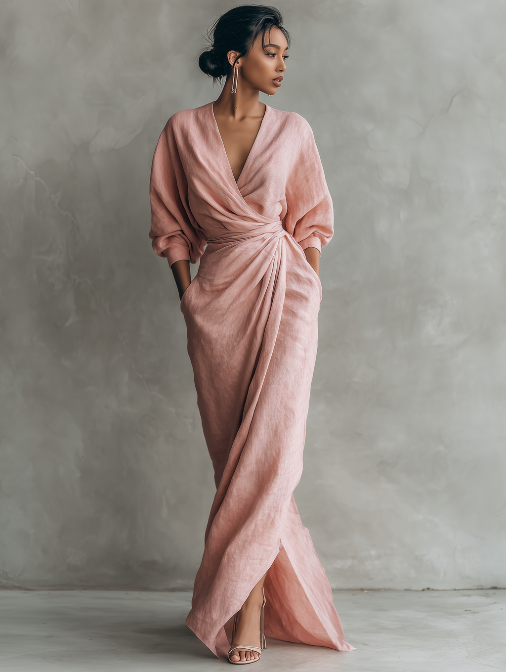 Rosa V-Hals Maxi Kleid aus Leinen