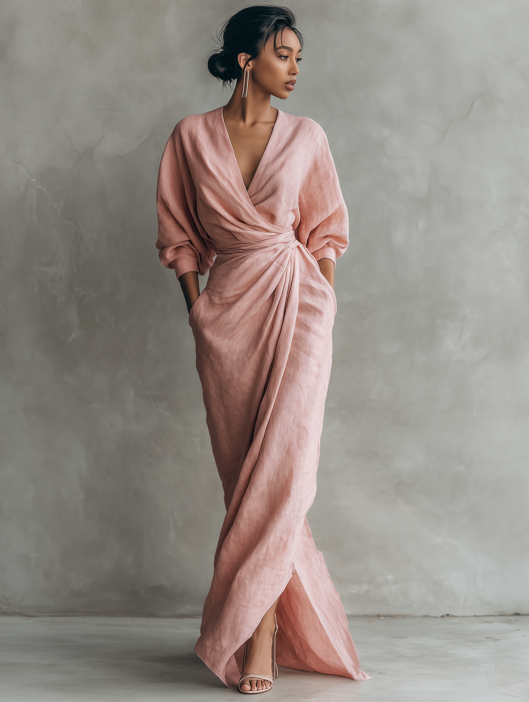Rosa V-Hals Maxi Kleid aus Leinen