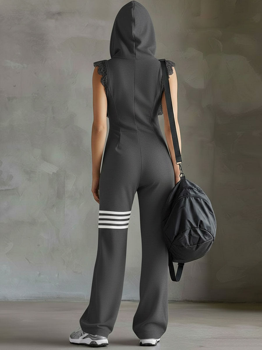 Danielle - Vintage Sport-Jumpsuit mit Kapuze und Streifen