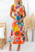 Sommerliches Ärmelloses Maxikleid mit Bindegürtel und Blumenmuster