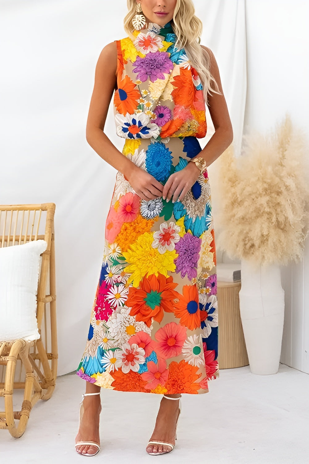 Sommerliches Ärmelloses Maxikleid mit Bindegürtel und Blumenmuster