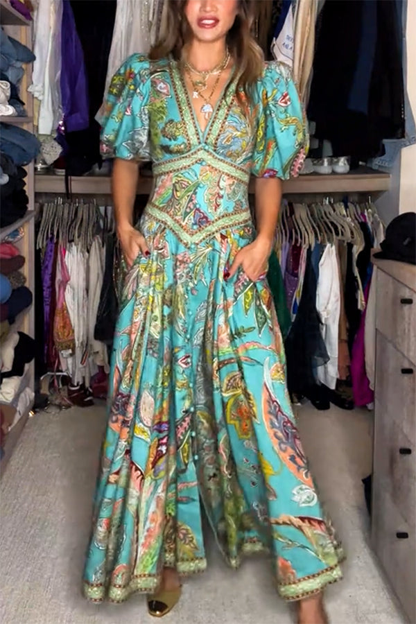 Leichtes Maxi-Kleid mit Puffärmeln und V-Ausschnitt