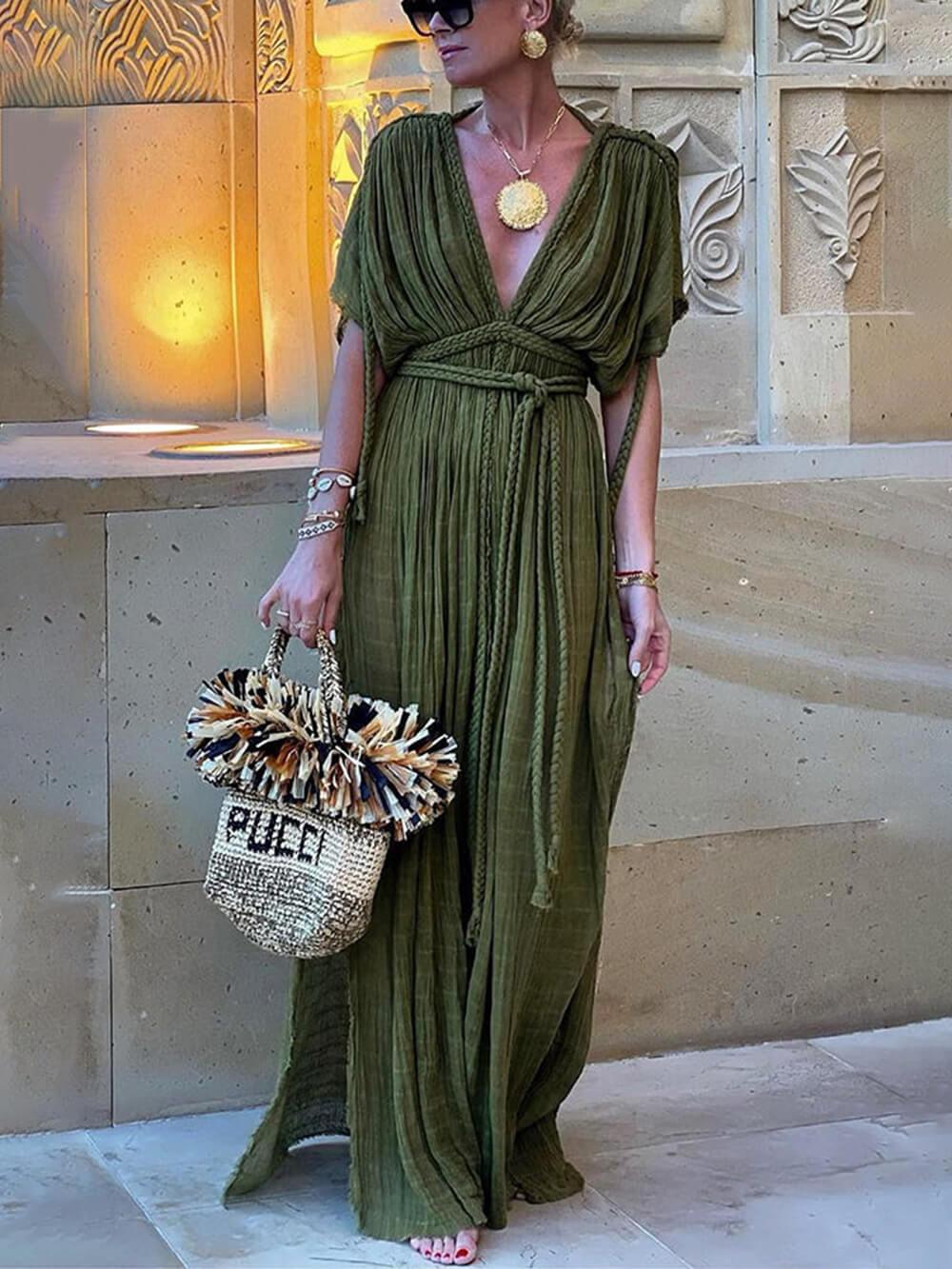 Elena | Draped Kimono Maxi Dress with Braided Detail and Slit