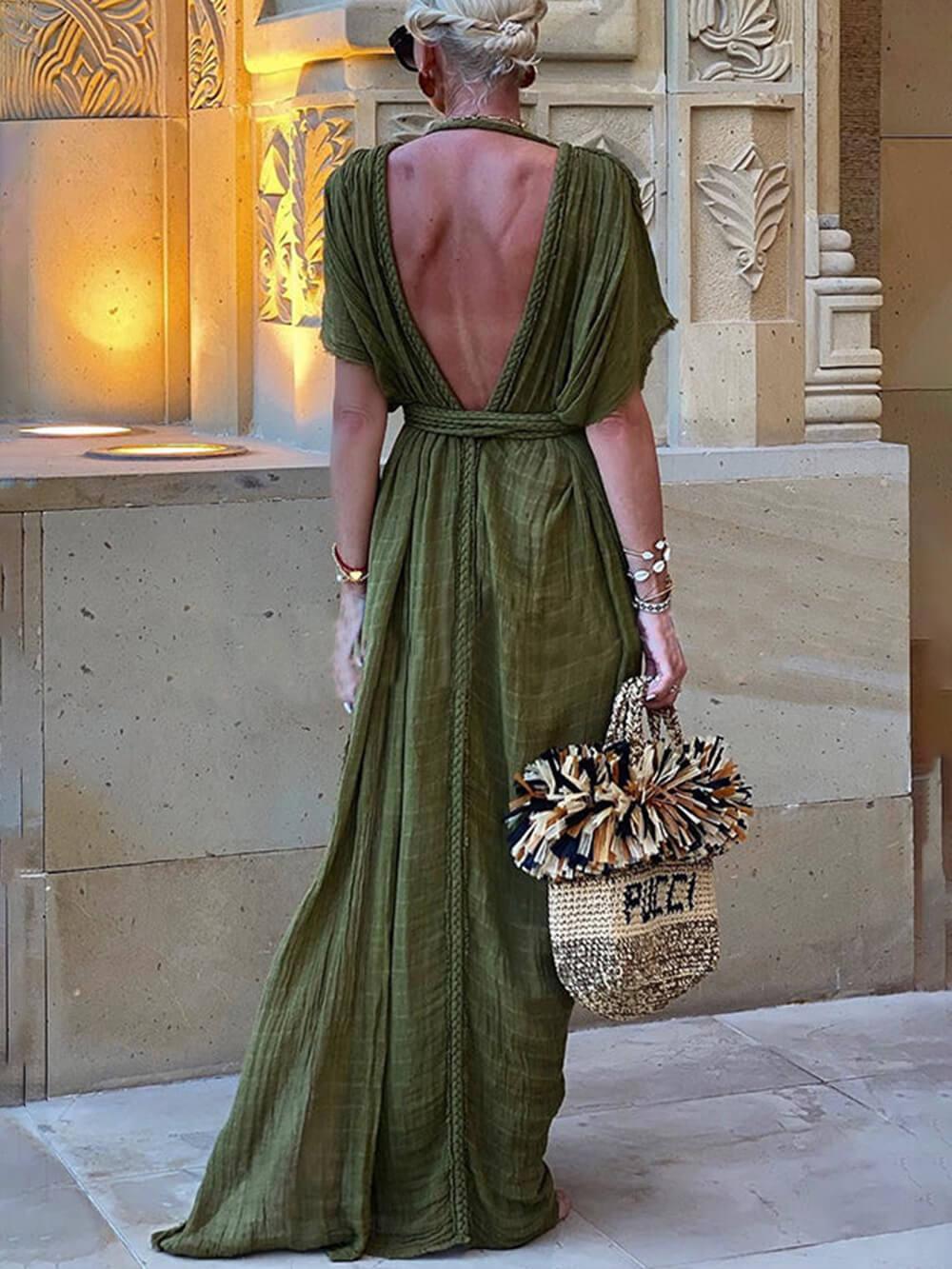 Elena | Draped Kimono Maxi Dress with Braided Detail and Slit
