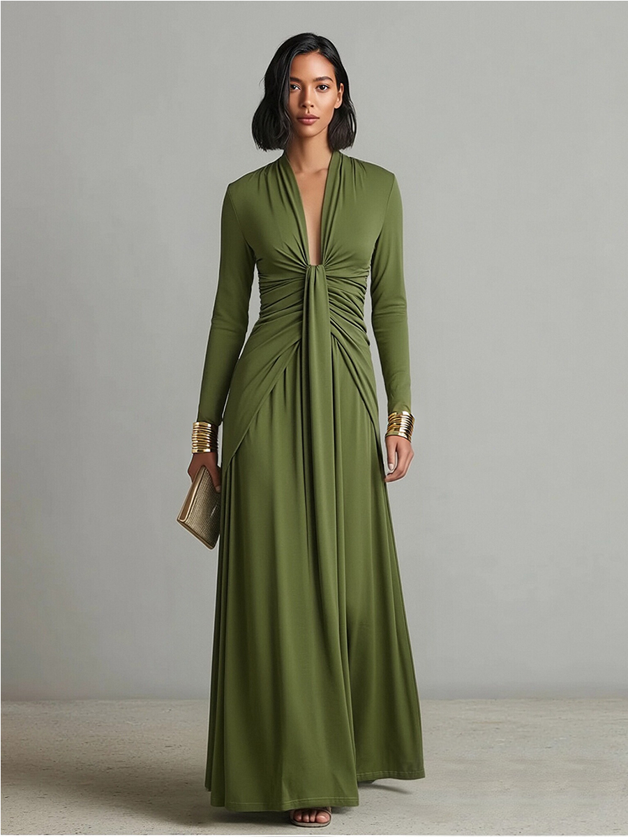 Olivgrünes Maxi-Kleid mit V-Ausschnitt