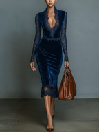 Amelia | Dunkelblaues Samt-Midikleid mit Spitzen-V-Ausschnitt