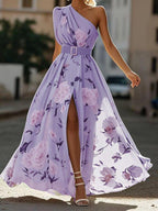 Julie | Hellgrünes Floral Chiffon Maxikleid mit Ein-Schulter-Design