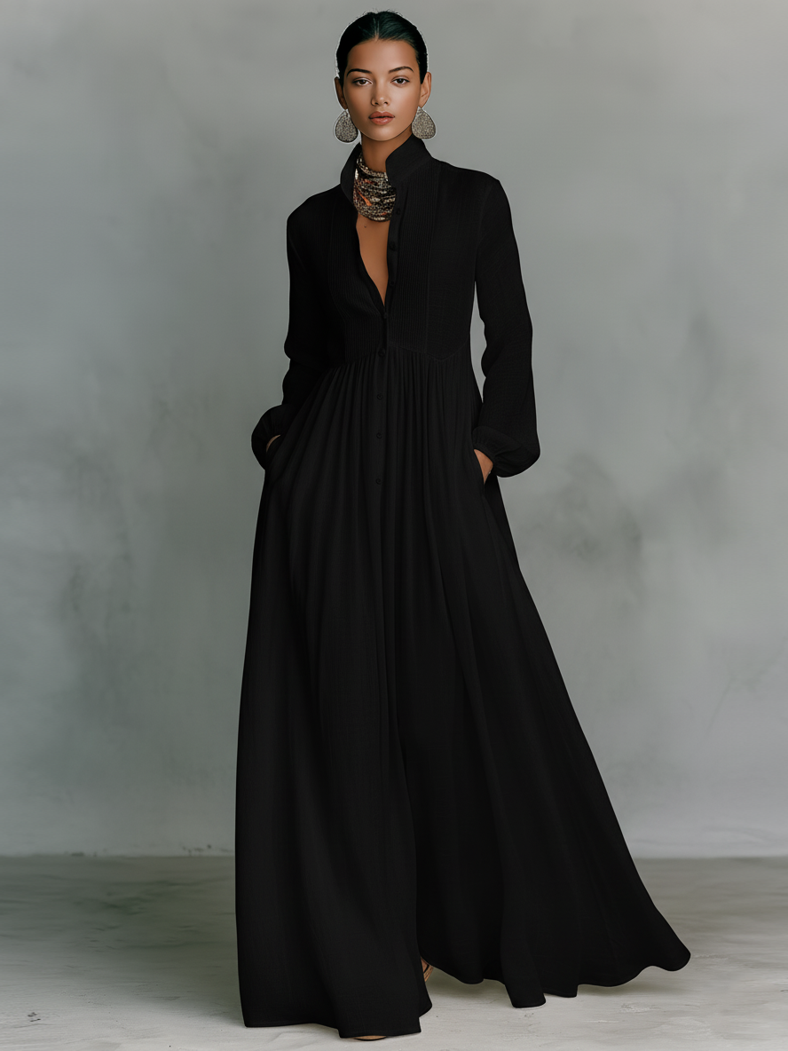Maxi Kleid aus Patchwork-Leinen mit Stehkragen