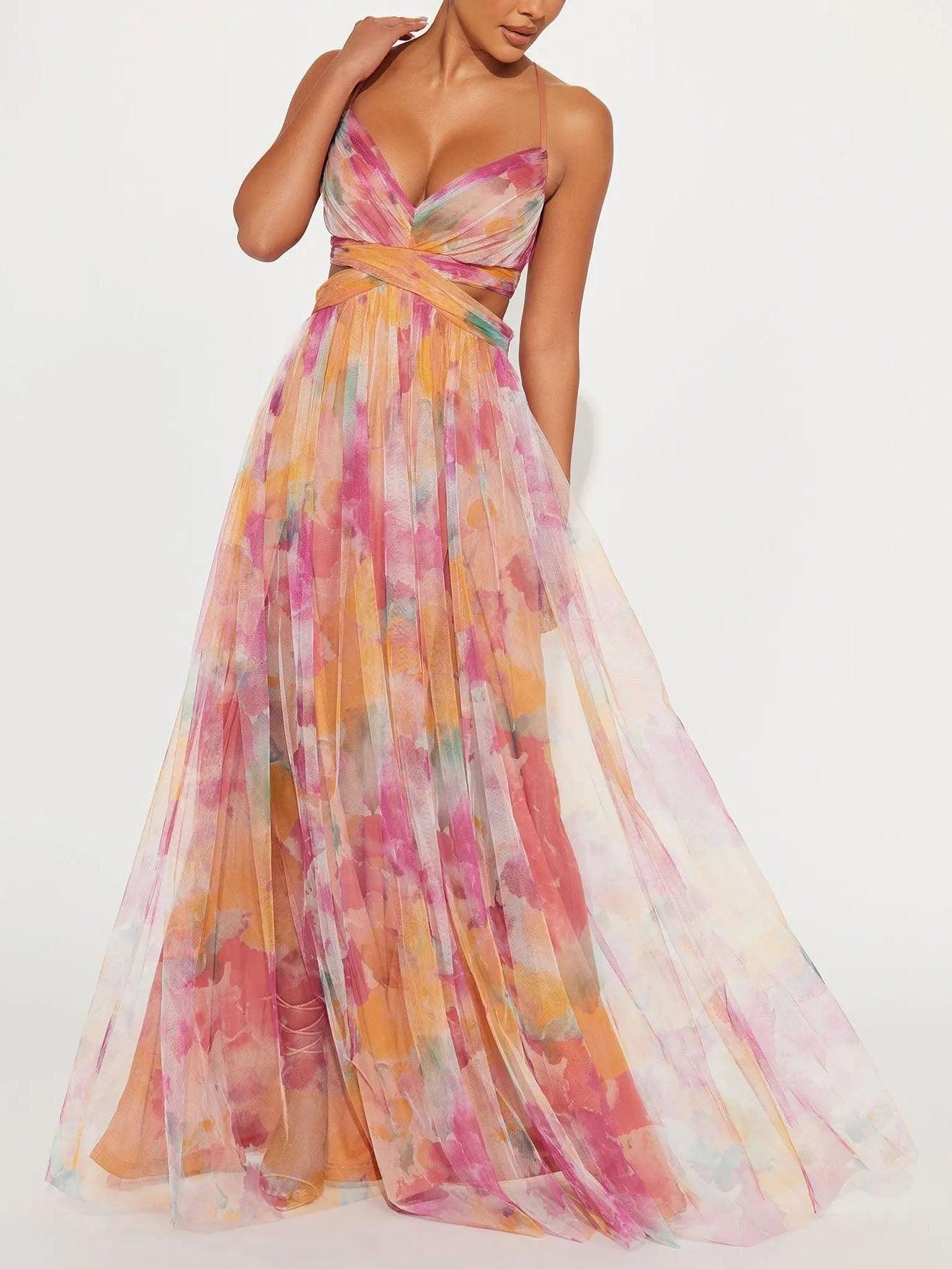 Karen | V-Neck Maxi Dress with Painted Floral Pattern