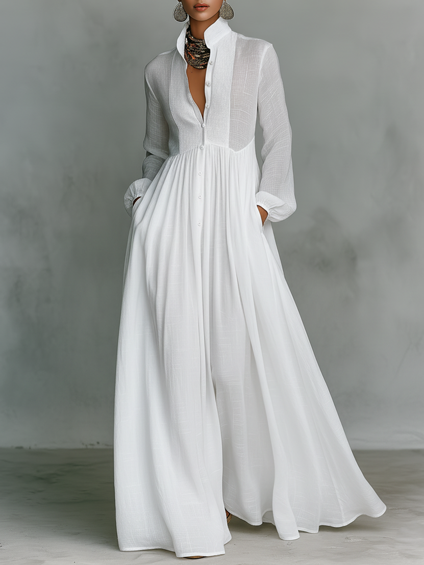 Maxi Kleid aus Patchwork-Leinen mit Stehkragen