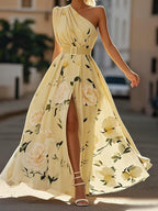 Julie | Hellgrünes Floral Chiffon Maxikleid mit Ein-Schulter-Design