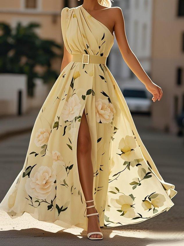 Julie | Hellgrünes Floral Chiffon Maxikleid mit Ein-Schulter-Design