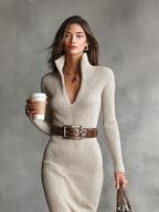 V-Neck Slim Fit Midi Knit Dress