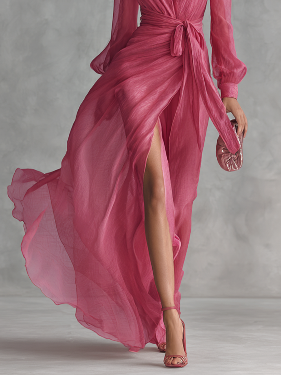 Rosa V-Ausschnitt Chiffonkleid