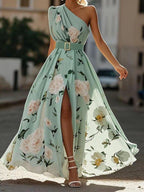 Julie | Hellgrünes Floral Chiffon Maxikleid mit Ein-Schulter-Design