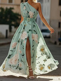 Julie | Hellgrünes Floral Chiffon Maxikleid mit Ein-Schulter-Design