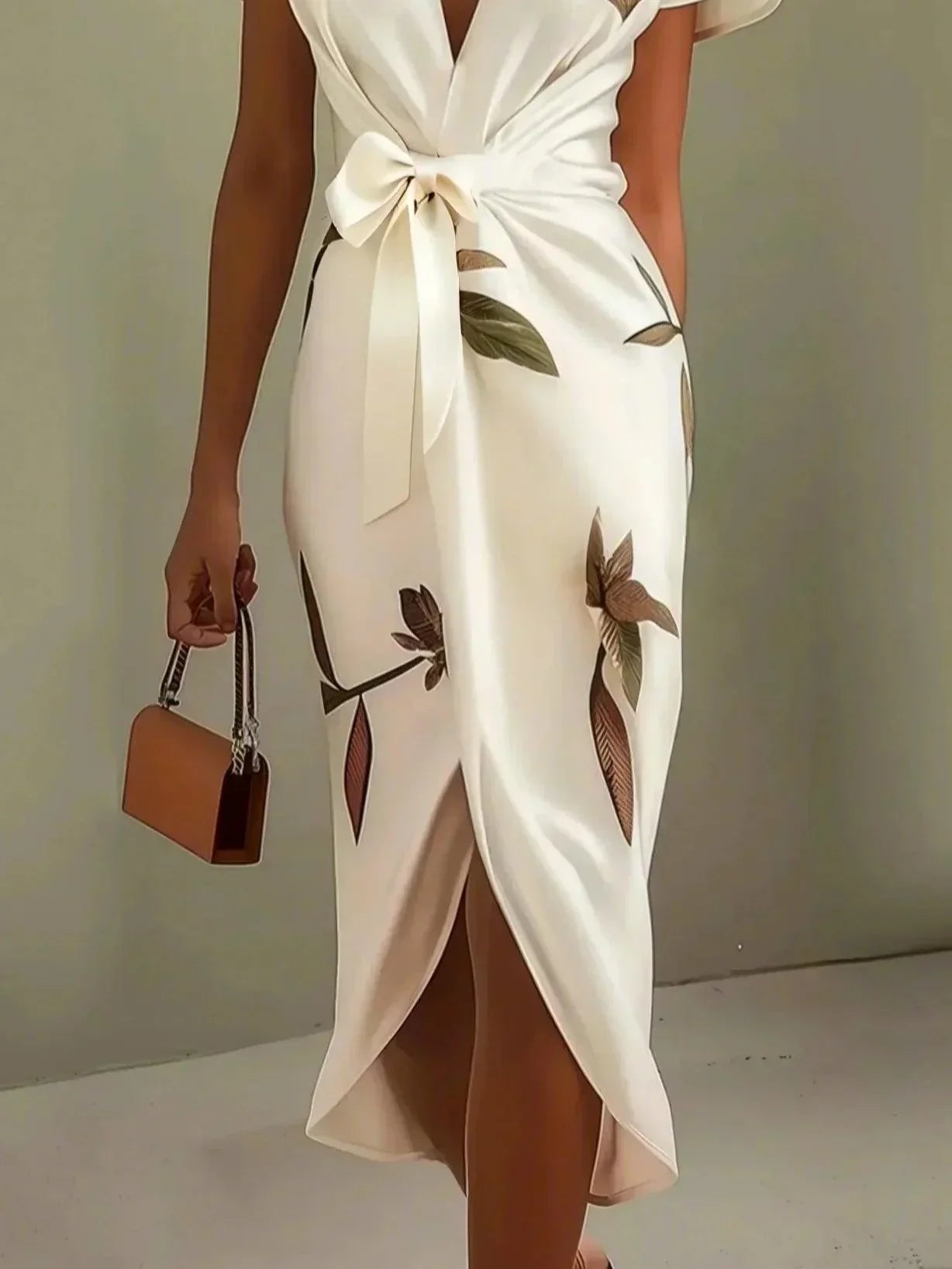Judy | Weißes Satin Midi Kleid mit Kurzarm und Blattmuster