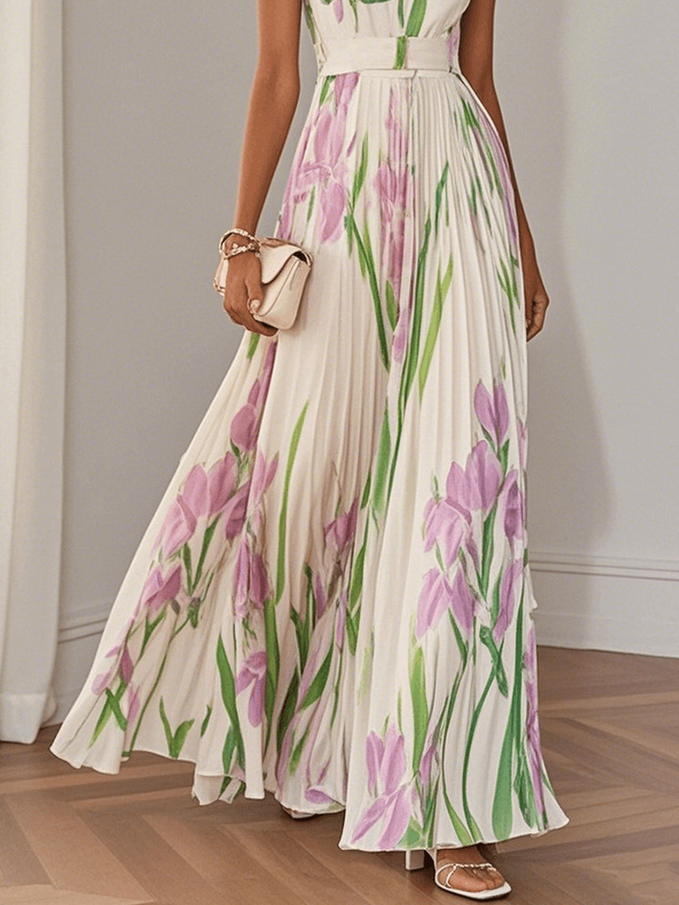 Marie | Weißes Chiffon Maxi Kleid mit Faltenblumen