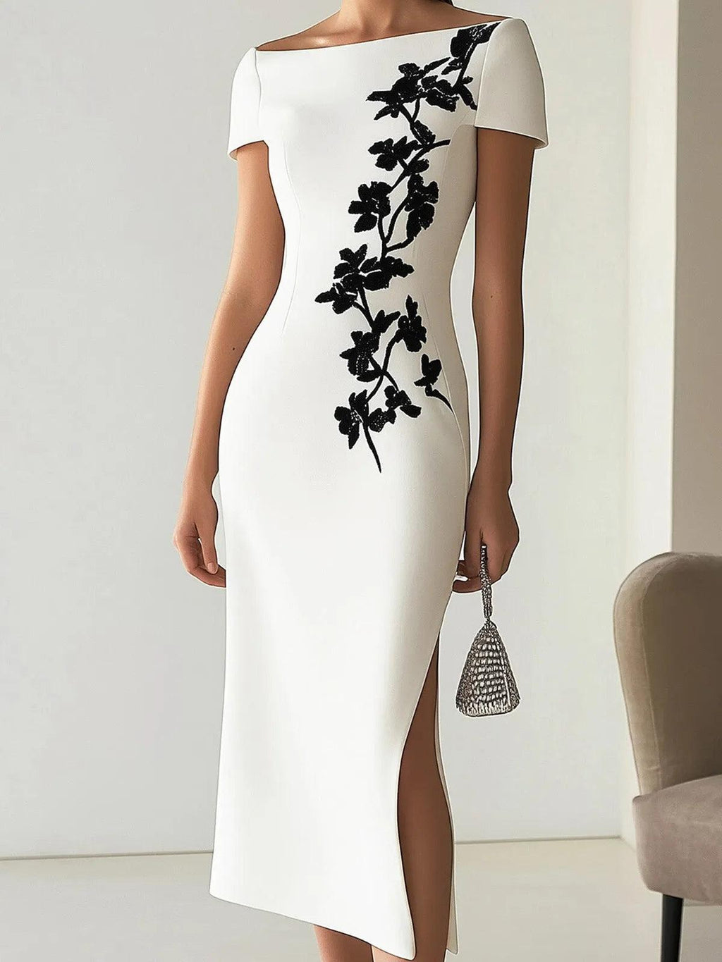 Audrey | Stylish Floral-Print Boot-Neck Midi Dress Ensemble