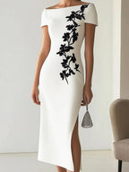 Audrey | Stylish Floral-Print Boot-Neck Midi Dress Ensemble