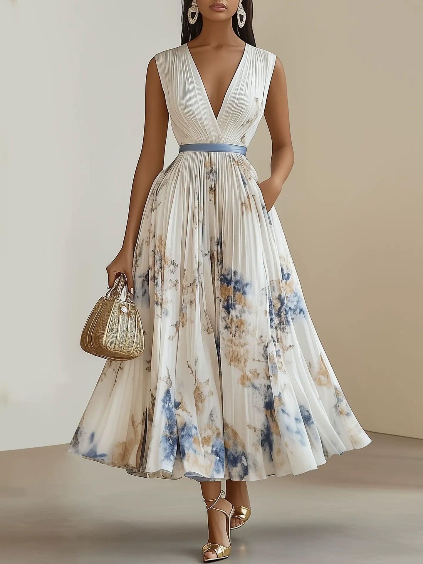 Chloe | Weißes Plissee Midi-Kleid mit Floral-Design und V-Ausschnitt