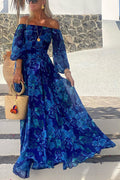 Francesca - Langes Kleid mit Blumenmuster und schulterfreier Ärmeln