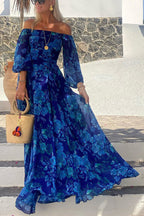 Francesca - Langes Kleid mit Blumenmuster und schulterfreier Ärmeln