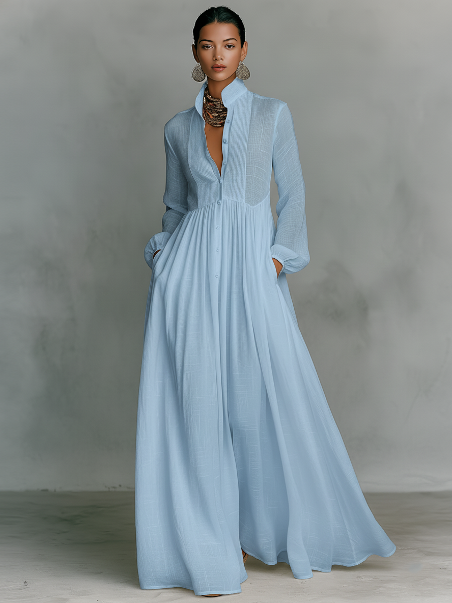Maxi Kleid aus Patchwork-Leinen mit Stehkragen