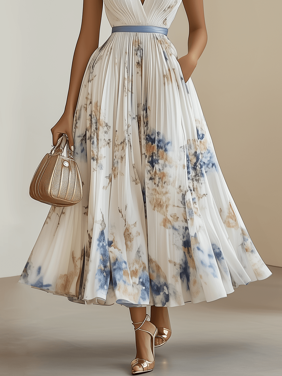 Chloe | Weißes Plissee Midi-Kleid mit Floral-Design und V-Ausschnitt