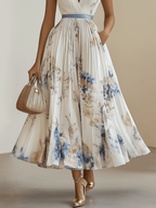 Chloe | Weißes Plissee Midi-Kleid mit Floral-Design und V-Ausschnitt