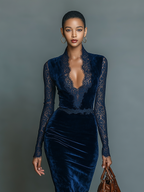 Amelia | Dunkelblaues Samt-Midikleid mit Spitzen-V-Ausschnitt