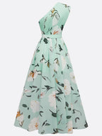 Julie | Hellgrünes Floral Chiffon Maxikleid mit Ein-Schulter-Design