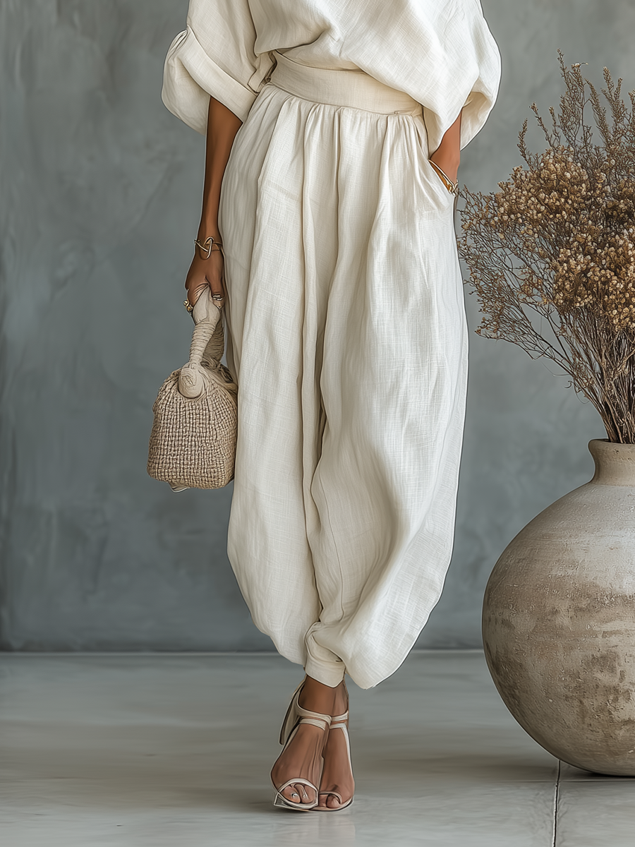 Ella | Weißes Leinen Off-Shoulder Hosen-Set