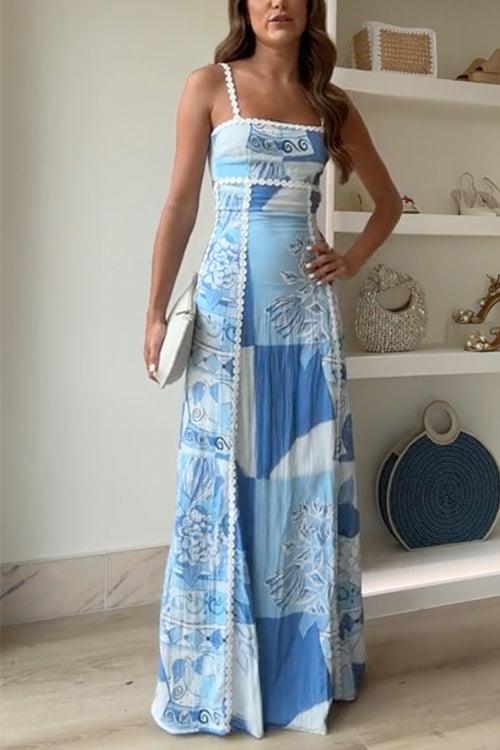 Eleonore | Bedrucktes Maxi-Kleid mit Ric Rac Trägern und Schleife am Rücken
