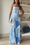 Eleonore | Bedrucktes Maxi-Kleid mit Ric Rac Trägern und Schleife am Rücken