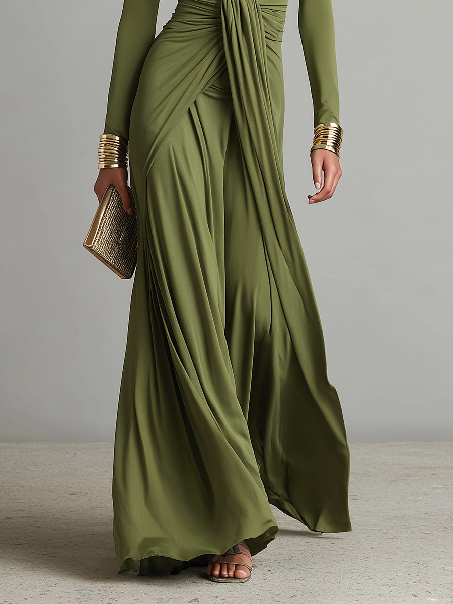 Olivgrünes Maxi-Kleid mit V-Ausschnitt