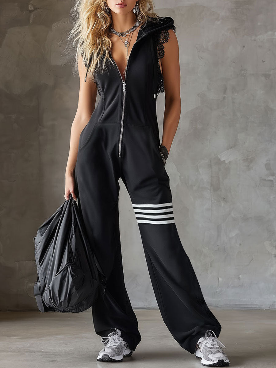 Danielle - Vintage Sport-Jumpsuit mit Kapuze und Streifen