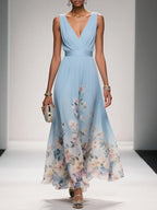 Rose | Hellblaues Floral Chiffon Maxikleid mit V-Ausschnitt
