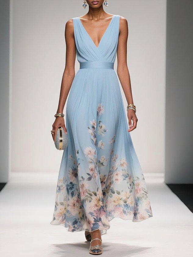 Rose | Hellblaues Floral Chiffon Maxikleid mit V-Ausschnitt