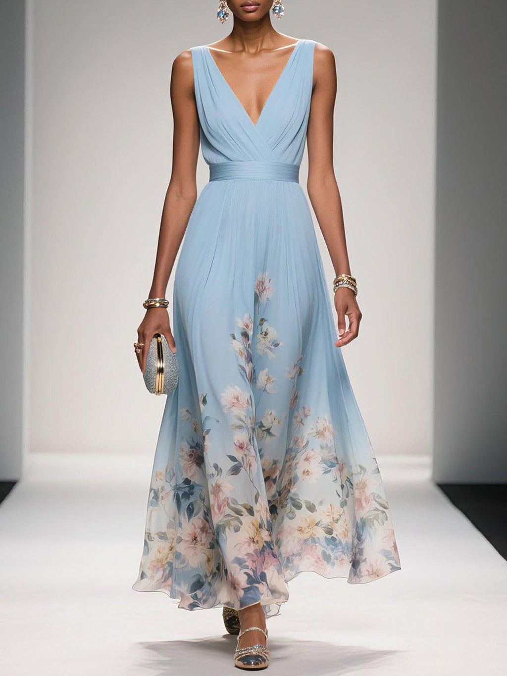 Rose | Hellblaues Floral Chiffon Maxikleid mit V-Ausschnitt