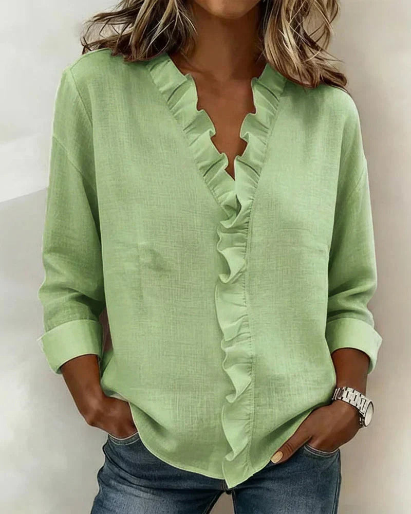 Indie | Bluse mit Rüschen, V-Ausschnitt und langen Ärmeln